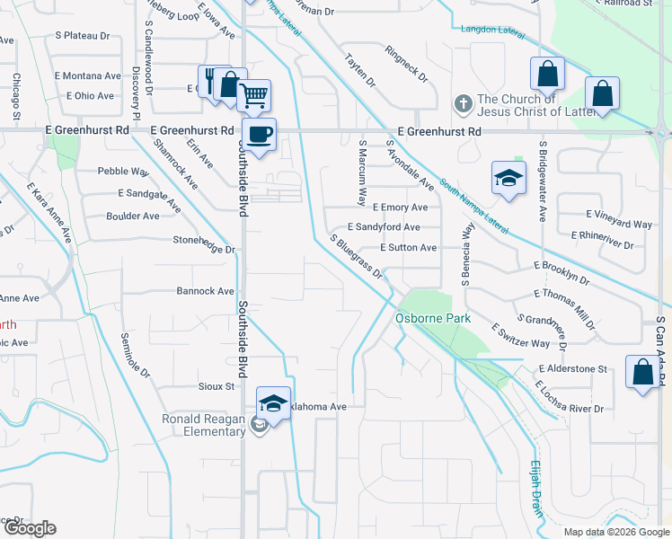 map of restaurants, bars, coffee shops, grocery stores, and more near 2878 Southside Boulevard in Nampa