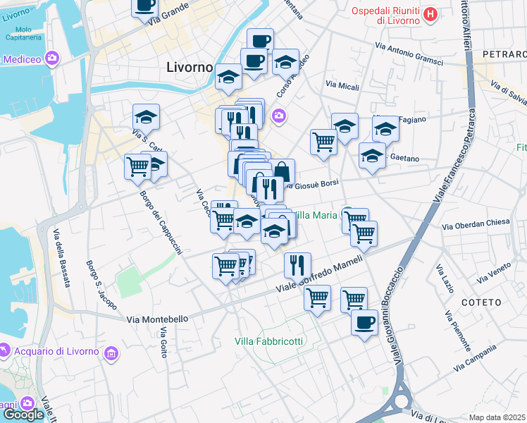 map of restaurants, bars, coffee shops, grocery stores, and more near 6 Via Calzabigi in Livorno
