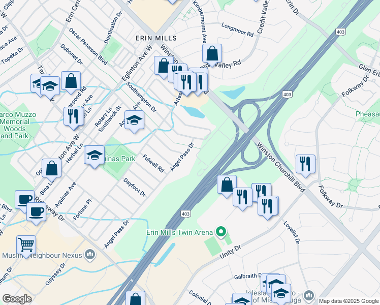 map of restaurants, bars, coffee shops, grocery stores, and more near 3154 Angel Pass Drive in Mississauga