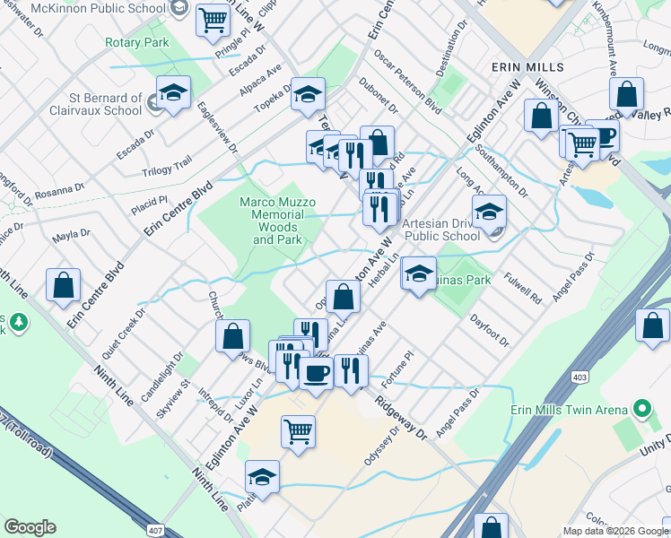 map of restaurants, bars, coffee shops, grocery stores, and more near 5033 Perennial Drive in Mississauga