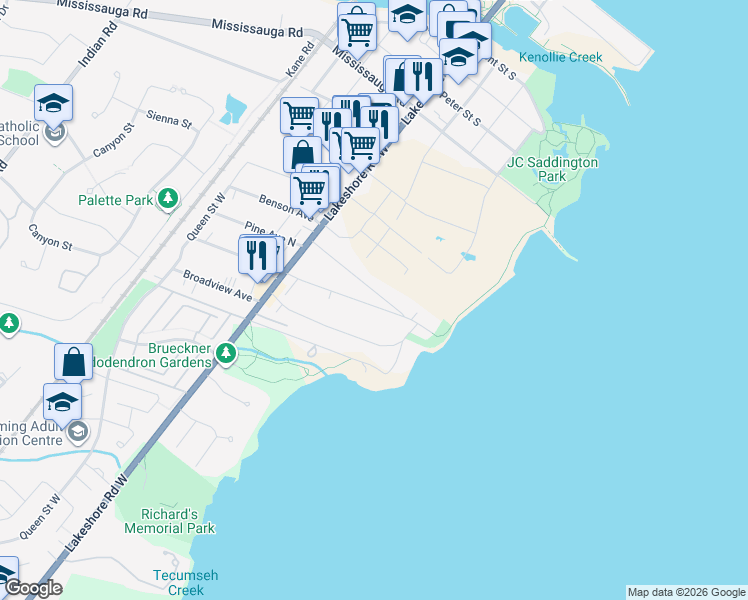 map of restaurants, bars, coffee shops, grocery stores, and more near 43 Maple Avenue South in Mississauga