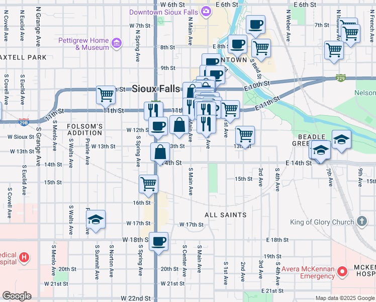 map of restaurants, bars, coffee shops, grocery stores, and more near 507 South Main Avenue in Sioux Falls