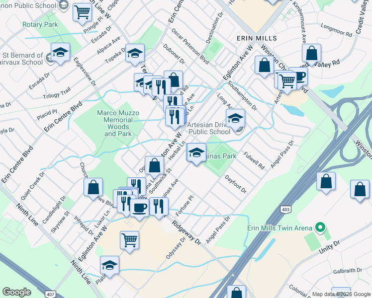 map of restaurants, bars, coffee shops, grocery stores, and more near Southwick Street in Mississauga