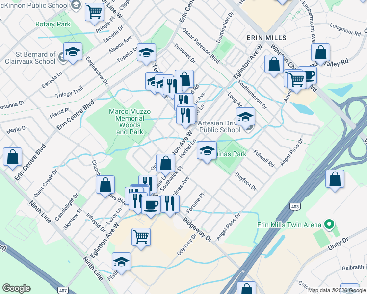 map of restaurants, bars, coffee shops, grocery stores, and more near 3470 Eglinton Avenue West in Mississauga