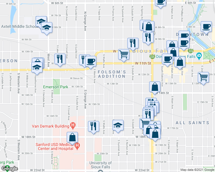 map of restaurants, bars, coffee shops, grocery stores, and more near 815 West 13th Street in Sioux Falls