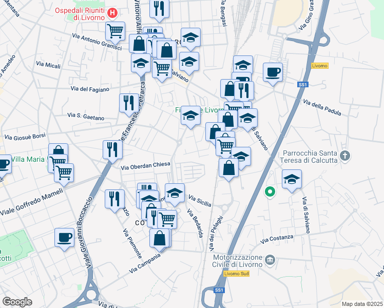 map of restaurants, bars, coffee shops, grocery stores, and more near 59 Via Adolfo Tommasi in Livorno