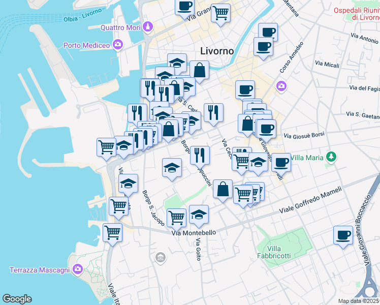 map of restaurants, bars, coffee shops, grocery stores, and more near in Livorno