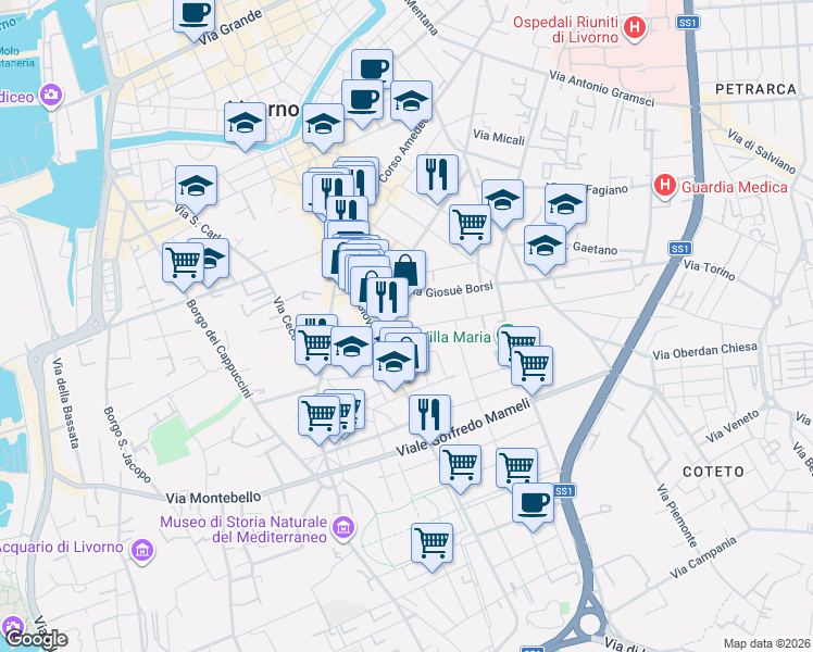 map of restaurants, bars, coffee shops, grocery stores, and more near 6 Via Calzabigi in Livorno