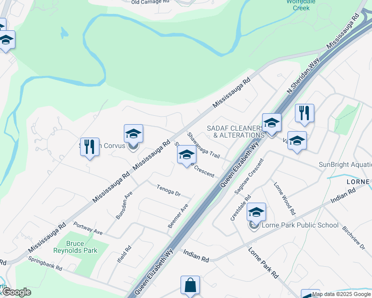 map of restaurants, bars, coffee shops, grocery stores, and more near 2105 Stonehouse Crescent in Mississauga