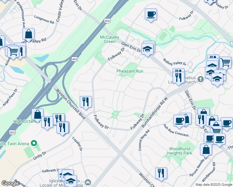 map of restaurants, bars, coffee shops, grocery stores, and more near 4127 Taffey Crescent in Mississauga
