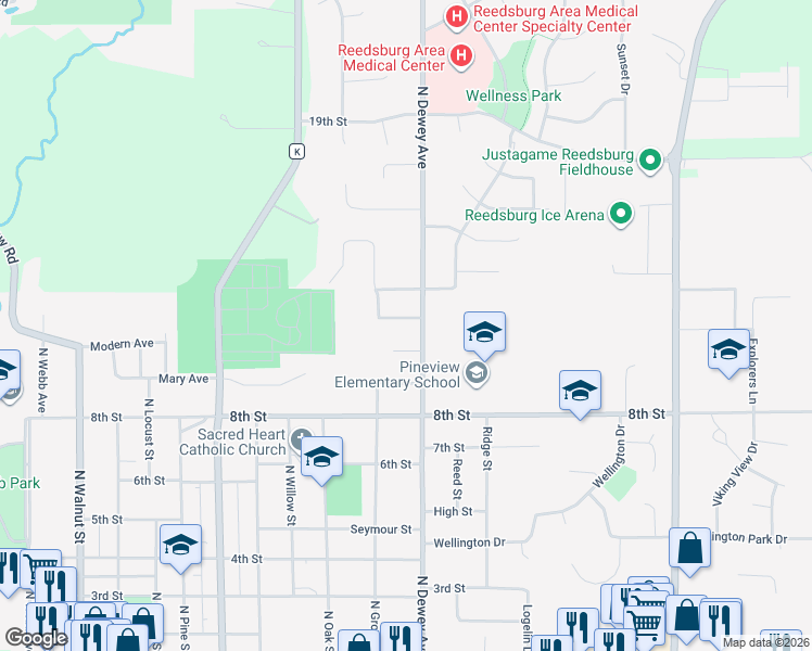 map of restaurants, bars, coffee shops, grocery stores, and more near 1021 10th Court in Reedsburg