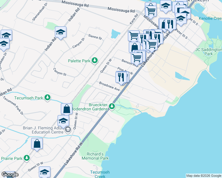 map of restaurants, bars, coffee shops, grocery stores, and more near 22B Broadview Avenue in Mississauga