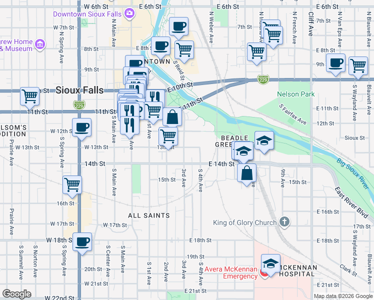 map of restaurants, bars, coffee shops, grocery stores, and more near 515 South 4th Avenue in Sioux Falls