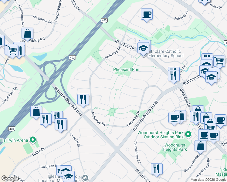 map of restaurants, bars, coffee shops, grocery stores, and more near in Mississauga