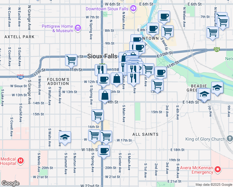 map of restaurants, bars, coffee shops, grocery stores, and more near 512 South Dakota Avenue in Sioux Falls