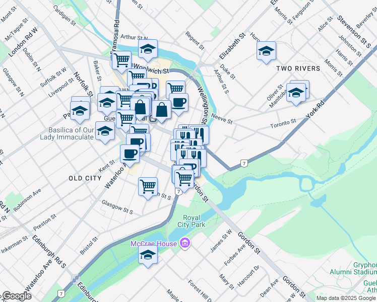 map of restaurants, bars, coffee shops, grocery stores, and more near 48 Wellington Street East in Guelph