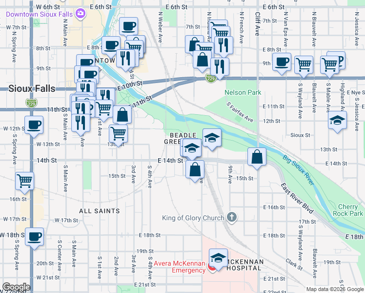map of restaurants, bars, coffee shops, grocery stores, and more near 513 South 6th Avenue in Sioux Falls
