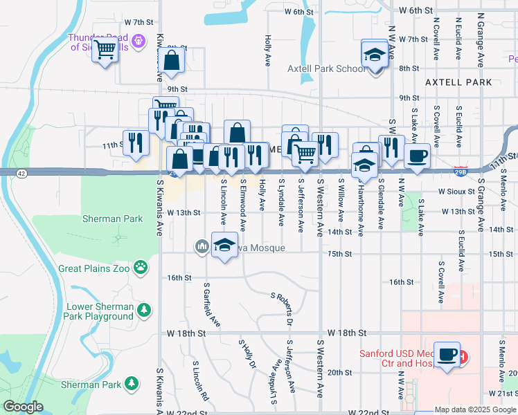 map of restaurants, bars, coffee shops, grocery stores, and more near 429 South Holly Avenue in Sioux Falls