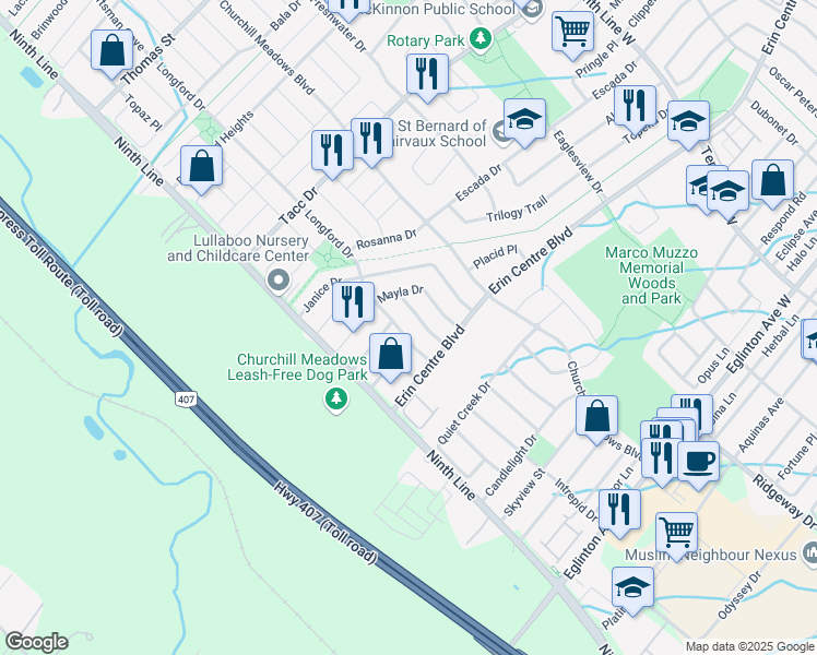 map of restaurants, bars, coffee shops, grocery stores, and more near 5317 Longford Drive in Mississauga