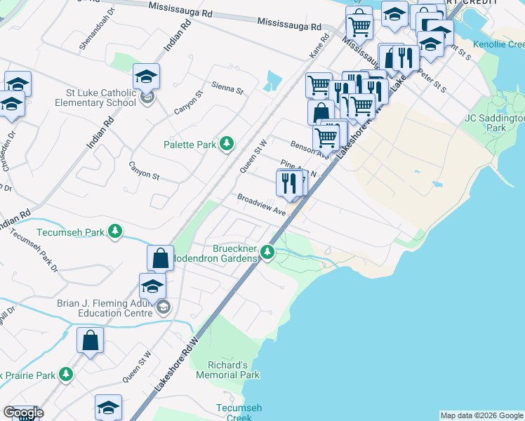 map of restaurants, bars, coffee shops, grocery stores, and more near 24B Broadview Avenue in Mississauga