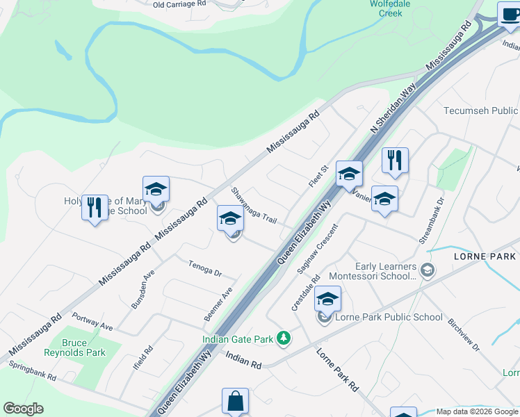 map of restaurants, bars, coffee shops, grocery stores, and more near 2059 Shawanaga Trail in Mississauga
