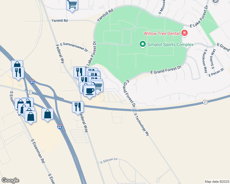 map of restaurants, bars, coffee shops, grocery stores, and more near 2490 East Gowen Road in Boise