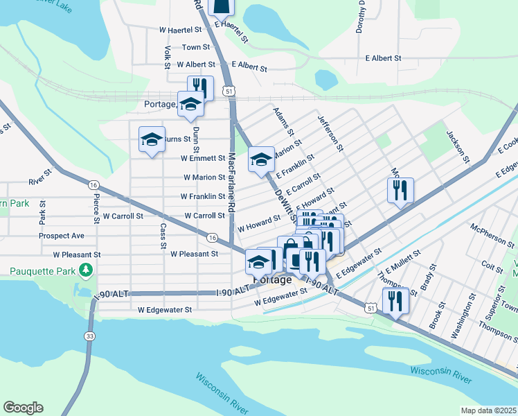 map of restaurants, bars, coffee shops, grocery stores, and more near 209 West Howard Street in Portage