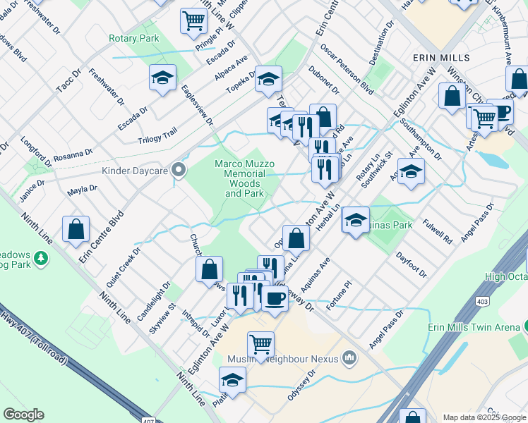 map of restaurants, bars, coffee shops, grocery stores, and more near 5079 Preservation Circle in Mississauga