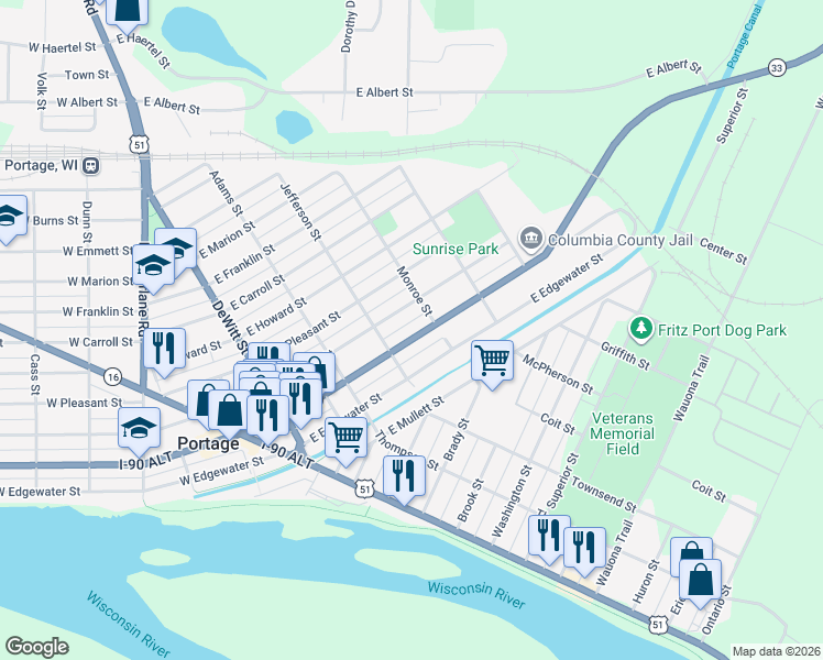 map of restaurants, bars, coffee shops, grocery stores, and more near 417 East Cook Street in Portage