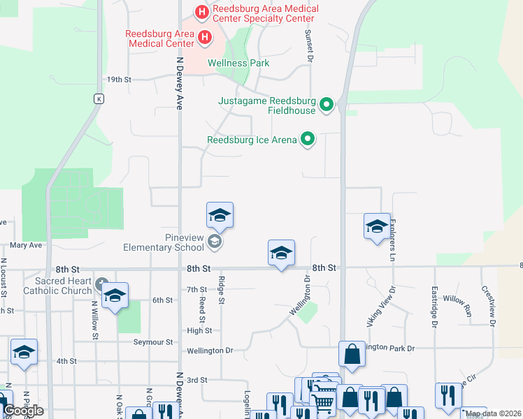 map of restaurants, bars, coffee shops, grocery stores, and more near 1233 8th Street in Reedsburg