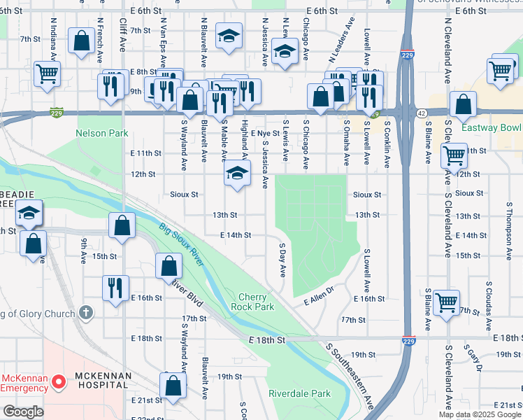 map of restaurants, bars, coffee shops, grocery stores, and more near 613 South Jessica Avenue in Sioux Falls