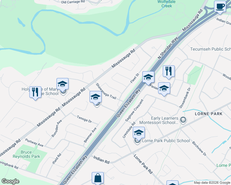 map of restaurants, bars, coffee shops, grocery stores, and more near 2052 Chippewa Trail in Mississauga