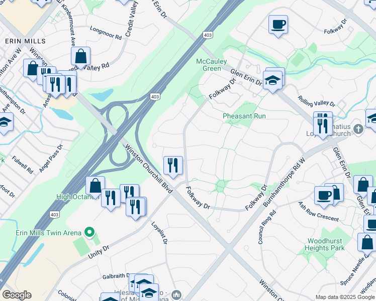 map of restaurants, bars, coffee shops, grocery stores, and more near 2936 Folkway Drive in Mississauga