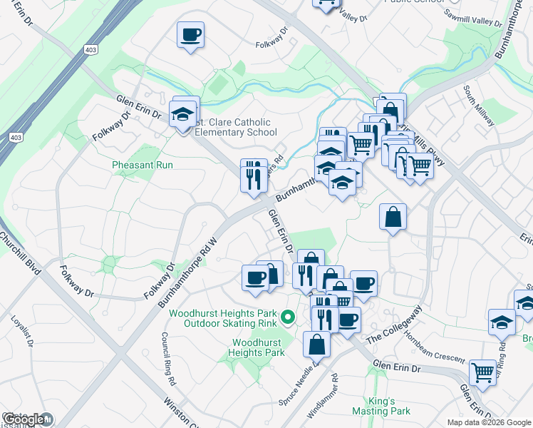 map of restaurants, bars, coffee shops, grocery stores, and more near 3360 Council Ring Road in Mississauga