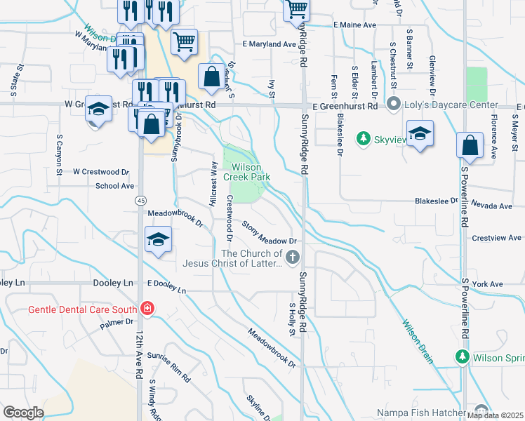 map of restaurants, bars, coffee shops, grocery stores, and more near 622 East French Creek Court in Nampa