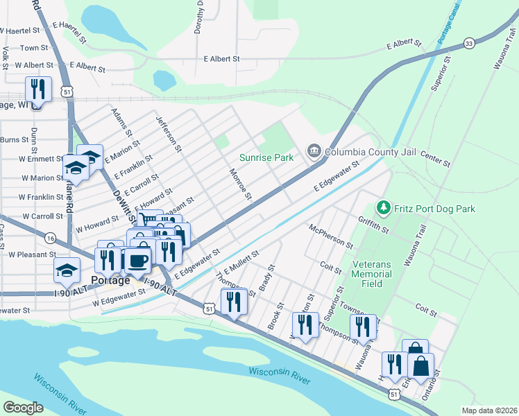 map of restaurants, bars, coffee shops, grocery stores, and more near 417 East Cook Street in Portage