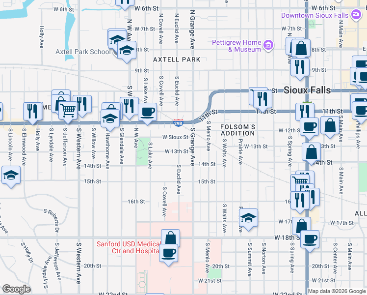 map of restaurants, bars, coffee shops, grocery stores, and more near 501 South Euclid Avenue in Sioux Falls