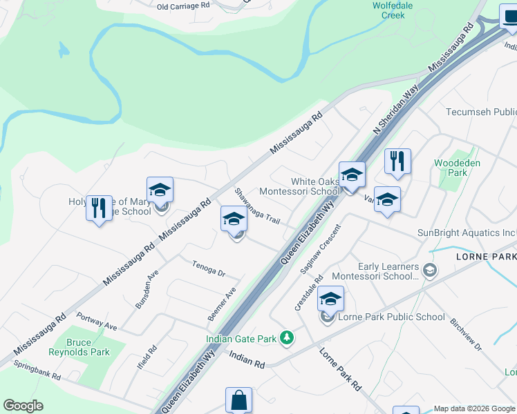 map of restaurants, bars, coffee shops, grocery stores, and more near 2075 Shawanaga Trail in Mississauga