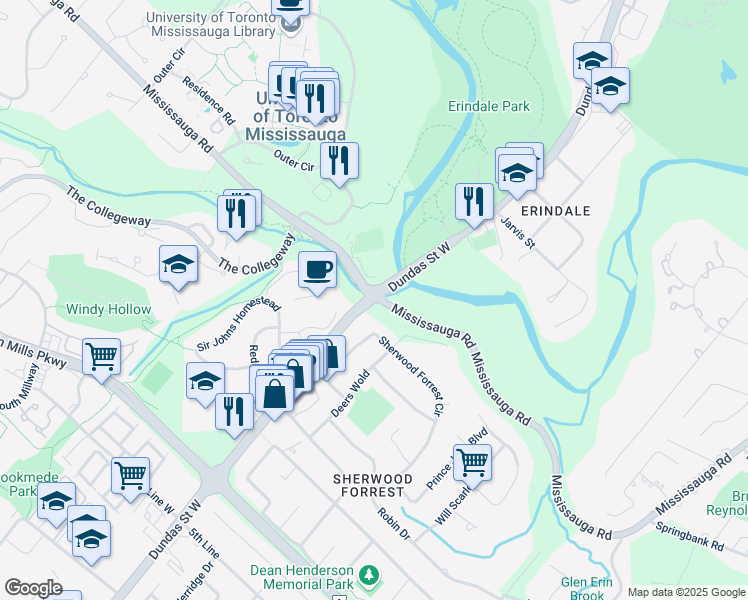 map of restaurants, bars, coffee shops, grocery stores, and more near in Mississauga