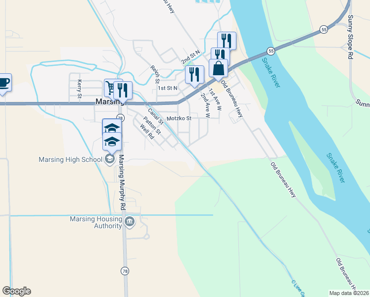 map of restaurants, bars, coffee shops, grocery stores, and more near 433 Canal Street in Marsing