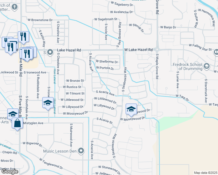 map of restaurants, bars, coffee shops, grocery stores, and more near 9563 West Bronze Drive in Boise
