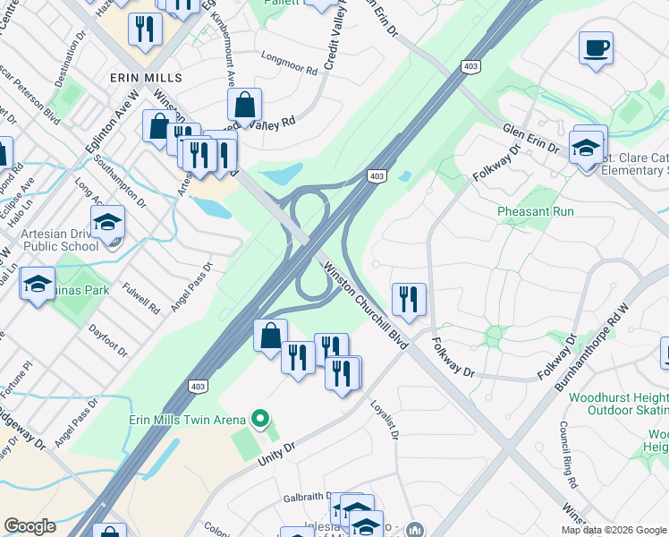 map of restaurants, bars, coffee shops, grocery stores, and more near Winston Churchill Boulevard in Mississauga