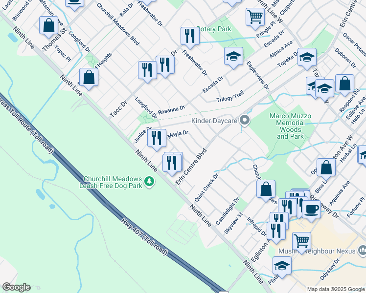 map of restaurants, bars, coffee shops, grocery stores, and more near 5301 Longford Drive in Mississauga