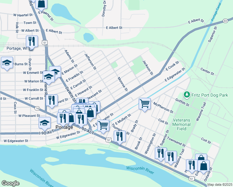 map of restaurants, bars, coffee shops, grocery stores, and more near 401 East Cook Street in Portage