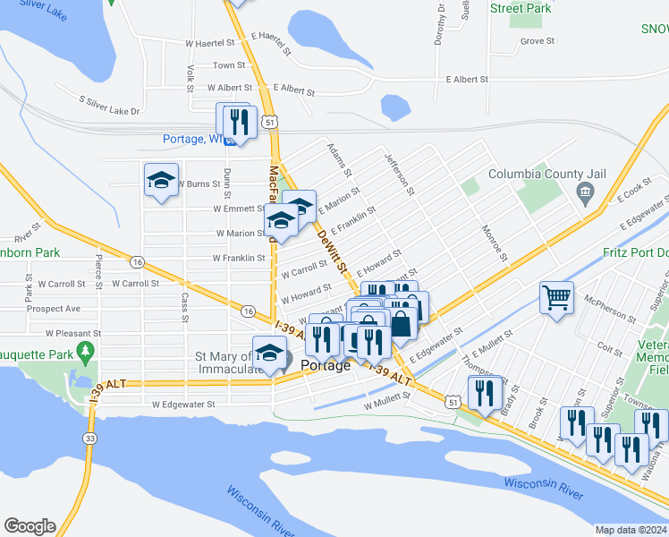 map of restaurants, bars, coffee shops, grocery stores, and more near 516 De Witt Street in Portage
