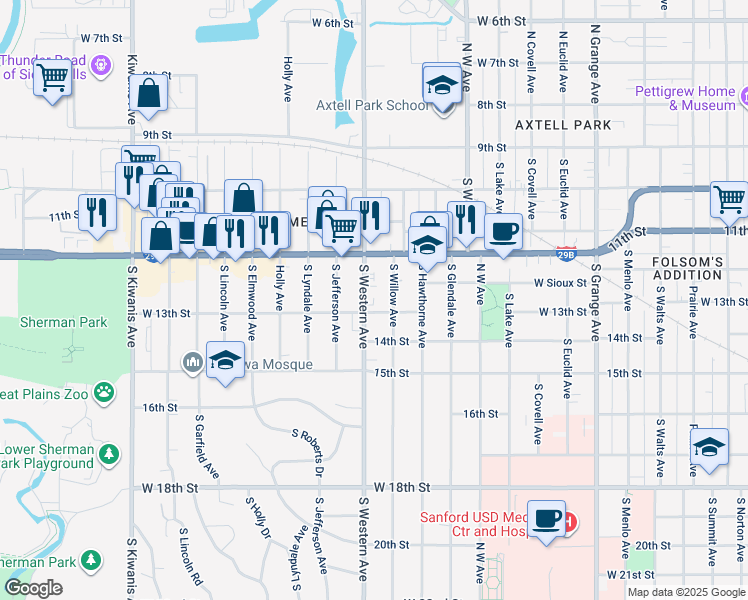 map of restaurants, bars, coffee shops, grocery stores, and more near in Sioux Falls