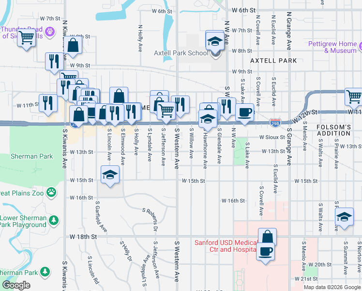 map of restaurants, bars, coffee shops, grocery stores, and more near 501 South Western Avenue in Sioux Falls