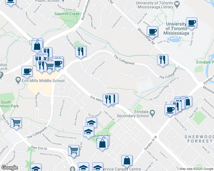 map of restaurants, bars, coffee shops, grocery stores, and more near 3277 South Millway in Mississauga