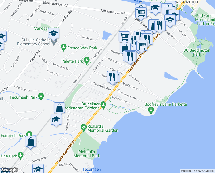 map of restaurants, bars, coffee shops, grocery stores, and more near 13 Broadview Avenue in Mississauga