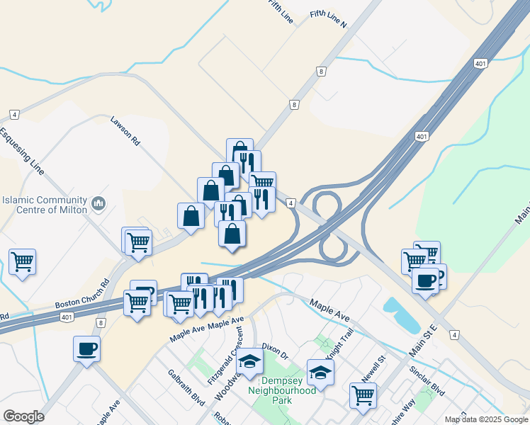 map of restaurants, bars, coffee shops, grocery stores, and more near 1280 Steeles Avenue East in Milton